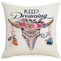 Linnen kussenhoes met dromenvanger motief, stierenschedel en roze rozen print - Keep Dreaming Stierenschedel Roos Stijl (DYM315-3)