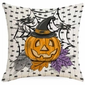 Detail of Halloween pillow cover featuring a witch hat pumpkin and glitter leaves - Beige Pumpkin Black Hat Pattern (DYM326-6)