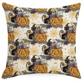 Halloween square pillow cover featuring black cat, pumpkins, bats and spider webs on white - Mixed Black Cat Pumpkin Web (DYM326-5)
