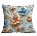 Detail of 3D embossed floral cushion cover with elegant orange and blue flower patterns - 45x45cm / Light Orange and Blue Relief (DLD7-31)