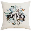 Beige cotton linen cushion cover with blue feathers and Dream Big STAY KIND text - Dream Big Stay Kind Feather Wreath Style (DYM315-10)
