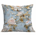 Detail of 3D floral cushion cover with white roses, golden leaves, and pearls - 45x45cm / Grey Blue White Rose Style (DLD7-5)