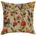 Detailed close-up of 3D floral embroidery patterns on a beige square pillowcase cover - 45x45cm Linen Single Side Without Core / Multicolor Style 5 (DYM324-5)