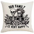 Fodera per cuscino Halloween con teschio famiglia in lino per divano casa - Famiglia Scheletri - OUR FAMILY IS VERY HAPPY (DYM325-14)