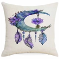 Bohemian dreamcatcher pillow cover with blue moon and feathers on linen fabric - Blue Crescent Moon Dreamcatcher Style (DYM315-13)