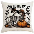 Detailansicht von Totenkopf- und Kürbis-Muster auf Halloween-Kissenbezug aus Leinen - Halloween Kürbis Skelett Paar - FOUND THE BEST (DYM325-2)
