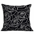 Dettaglio della fodera per cuscino floreale con rose line art bianche su fondo nero - 45*45cm / Stile Line Art Rosa (CDR326-10)