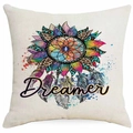 Dreamcatcher feather printed square pillowcase in cream linen fabric with Dreamer text - Dreamer Sunflower Splatter Style (DYM315-15)