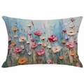 Funda decorativa de cojín lumbar con pintura al óleo floral 3D y patrón de flores silvestres - Floral Impasto Fondo Azul Rosa Naranja (DYM324-4) / 30*50cm Lino Una Cara Sin Núcleo