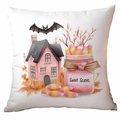 Pink Halloween throw pillow cover with watercolor house and bat on a white background - 45x45cm Single Side Print / Sweet Scares (CDR337-12)