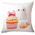 Close-up of pink Halloween ghost and cupcake print on white square throw pillow case - 45x45cm Single Side Print / Dessert Ghost (CDR337-7)