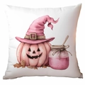Detail von rosa Halloween Kürbis Hexenhut Aquarell Druck auf einem weißen Kissenbezug - 45x45cm Einseitiger Druck / Kürbis Trank (CDR337-3)
