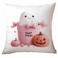 Detail eines weißen Halloween Kissenbezugs mit rosa Geistereimer und Haunt Happy Aufdruck - 45x45cm Einseitiger Druck / Geist im Eimer (CDR337-1)