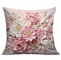 3D floral cushion cover featuring pink and white roses with gold accents and 3D leaf details - Dense Rose Bush (DLD4-10)