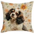 Square cotton linen pillow cover featuring a Cavalier King Charles Spaniel and floral art - Cavalier King Charles Spaniel Orange Floral (TYMD23-8)