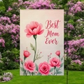 Garden flag for Mother's Day with pink flowers and Best Mom Ever text on a stand - Pink and Green Floral Style (HYQ84-5)