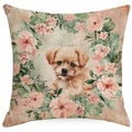Floral puppy throw pillow cover with a vintage watercolor dog and flower wreath - Puppy Wreath Beige Background (TYMD23-17)