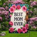 Best Mom Ever floral garden flag featuring pink cosmos flowers and green leaves - Off-White Cosmos Floral Style (HYQ84-7)