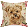 Floral Yorkshire Terrier pillow cover with pink flower patterns on beige linen background - Yorkshire Terrier Beige Ditsy Floral (TYMD23-19)