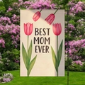 Garden flag with Best Mom Ever tulip design on burlap texture with metal stand - Off-White Tulip Illustration Style (HYQ84-8)