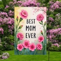 Garden flag with floral pattern and Best Mom Ever text on a black metal stand - Blue-Green Gradient Floral Style (HYQ84-9)