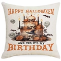 Detail van Halloween schedeltaart print op beige linnen kussensloop met tekst - 45*45cm Linnen Enkelzijdig Zonder Kern / Schedel Taart Stijl (DYM334-3)