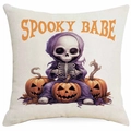 Detailweergave van de linnen textuur met Spooky Babe skeletprint en pompoenen - 45*45cm Linnen Enkelzijdig Zonder Kern / Paarse Kapitein Skelet (DYM334-2)