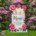 Garden flag with Best Mom Ever lettering and pink floral design on a black metal stand - Light Blue Forest Floral Style (HYQ84-11)