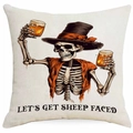 Halloween kussenhoes met skelet en humoristische tekst op beige linnen textuur - 45*45cm Linnen Enkelzijdig Zonder Kern / Hoge Hoed Vest Skelet Stijl (DYM334-4)