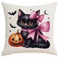 Detail of square Halloween cushion cover featuring a black cat and pumpkin illustration - Black Cat Style (DYM336-18) / 45x45cm