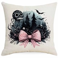 Gothic Halloween pumpkin cat cushion cover with pink polka dot bow on white background - Pink Bow Skull Style (DYM336-17) / 45x45cm