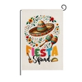 Bandiera da giardino Mexican Fiesta Squad con sombrero e maracas su tela bianca - Collage Cibo Messicano (HYQ83-8)
