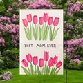 Linen Mother's Day garden flag with pink tulips and Best Mom Ever text on metal stand - Off-White Symmetrical Tulip Style (HYQ84-14)