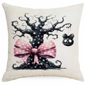 Close-up of Halloween pillow cover featuring a gothic black tree and pink polka dot bow - Dead Tree Skull Style (DYM336-5) / 45x45cm