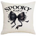 Halloween Spooky Mama Leinen Kissenbezug mit schwarzer Schleife und Fledermaus Dekor - Spitzenschleife Fledermaus Stil (DYM335-16) / 45x45cm (Einseitiger Druck - Ohne Kissenfüllung)