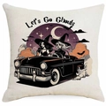 Halloween Kissenhülle aus Leinen mit Hexen-Illustration und 'Let's Go Ghouls' Spruch - Hexe im Cabrio Stil (DYM335-13) / 45x45cm (Einseitiger Druck - Ohne Kissenfüllung)
