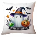 Close-up of linen pillowcase with cute ghost, pumpkin, and Witchy Vibes text - Witchy Vibes Ghost Style (CDR334-20)