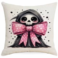 Detalle de funda de cojín cuadrada con una parca linda y lazo rosa para decoración de Halloween - Estilo Parca (DYM336-2) / 45x45cm