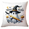 Close-up of linen Halloween pillow cover with cute ghost and Trick or Teach text - Ghost Teacher Pencil Style (CDR334-19)