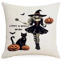 Dettaglio federa in lino per Halloween con stampa di strega e scritte decorative - Stile Strega Gatto Nero (DYM335-3)