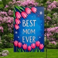 Garden flag with Best Mom Ever slogan and pink tulips on a black metal stand - Dark Blue Pink Tulip Style (HYQ84-17)