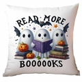 Detail of square linen pillowcase with cute ghosts reading books and orange pumpkins - Bookworm Ghost Style (CDR334-13)