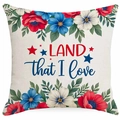 Leinen-Kissenbezug zum Unabhängigkeitstag mit Land That I Love Blumen und blauen Sternen - Blumen Text Stil (DYM330(2)-1) / 45*45cm Leinen Einseitig Ohne Kern