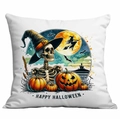 Halloween polyester pillow cover featuring skull, pumpkin, and flying witch illustration - Wizard Hat Skull Pumpkin Moon Style (TDLD86-9)