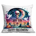 Polyester Halloween pillow cover with skeleton, ghost, and pumpkin illustration in white - Skeleton Ghost Night Sky Style (TDLD86-10)
