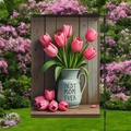 Garden flag with Best Mom Ever blue pitcher and pink tulips on a black metal stand - Blue Kettle Tulip Style (HYQ84-22)