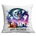 Halloween throw pillow cover with skull and pumpkin watercolor print on white polyester fabric - Pumpkin Ghost Cross Style (TDLD86-16)