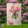 Mother's Day garden flag with pink tulips and Best Mom Ever text on black metal pole - Crystal Chandelier Tulip Style (HYQ84-23)