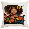 Detailed macro view of linen texture and colorful butterfly lady print on cushion cover - Afro Surrounded by Butterflies (DYM339-12) / 45*45cm Single-sided Without Core