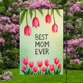 Mother’s Day garden flag with pink tulips and Best Mom Ever text on metal stand - Off-White Warm Tulip with Bracket (HYQ84-24)
